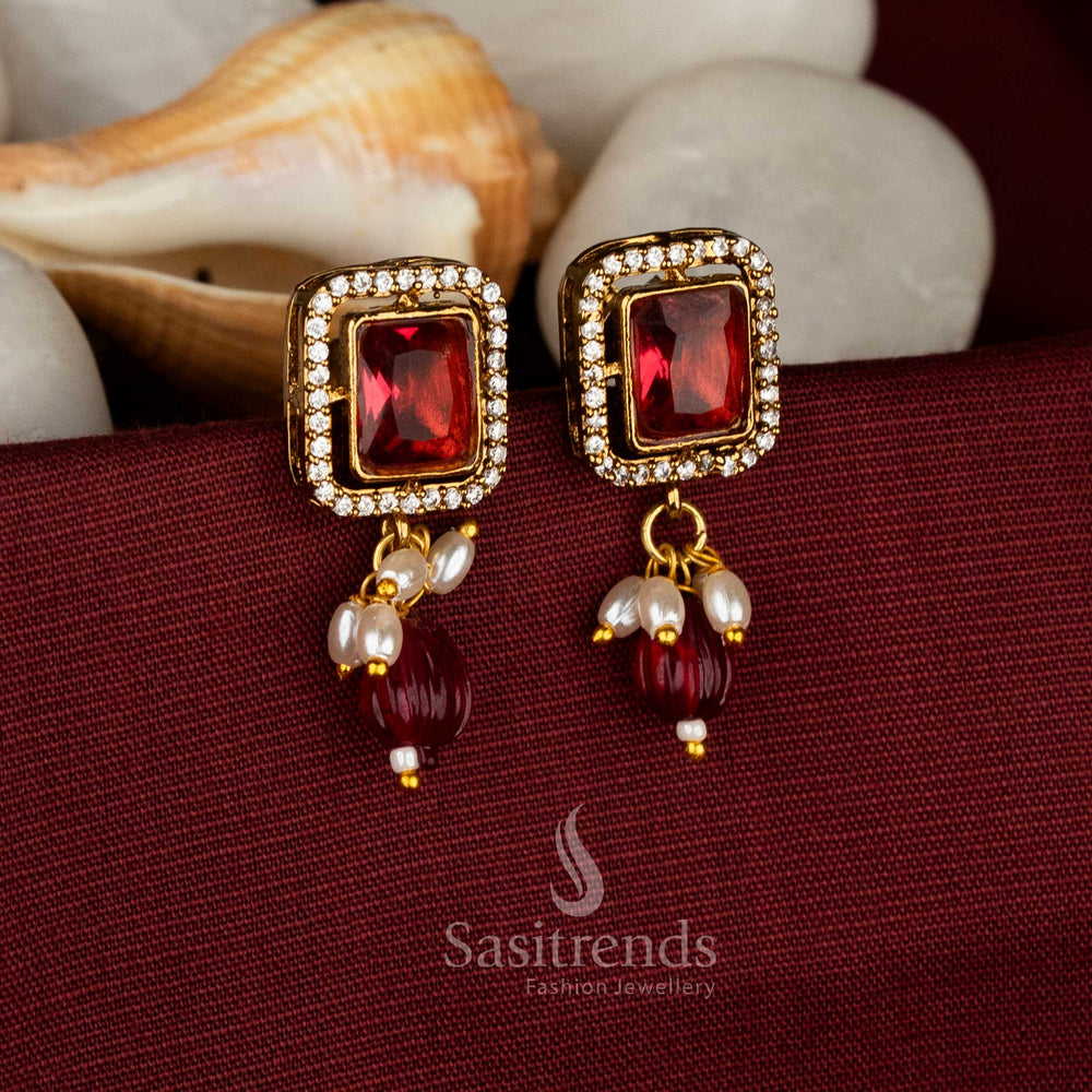 Festive elegant wear victorian plated red AD stone square frame pearl bead hanging earrings - Sasitrends
