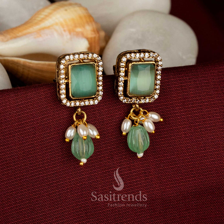 Eye Catching Victorian Plated AD Stone Square Frame Earrings with Pearl & Bead Drop Design