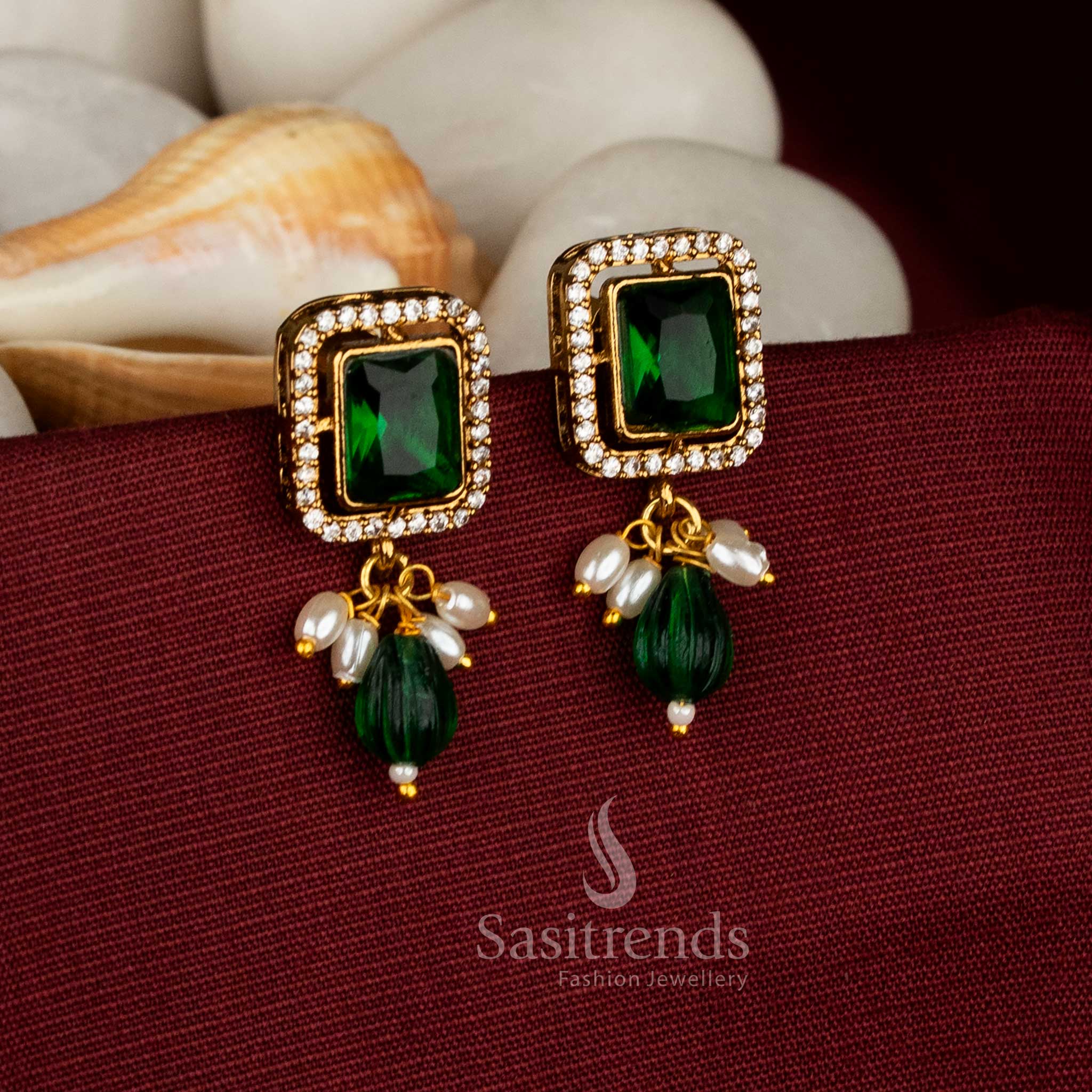 Attractive Party wear victorian plated green AD stone square frame pearl bead hanging earrings - Sasitrends