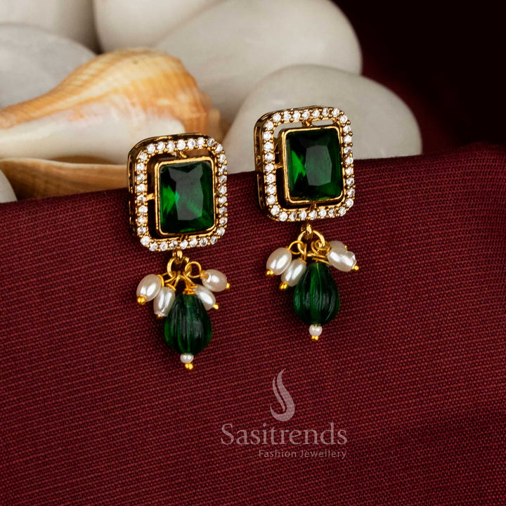 Attractive Party wear victorian plated green AD stone square frame pearl bead hanging earrings - Sasitrends