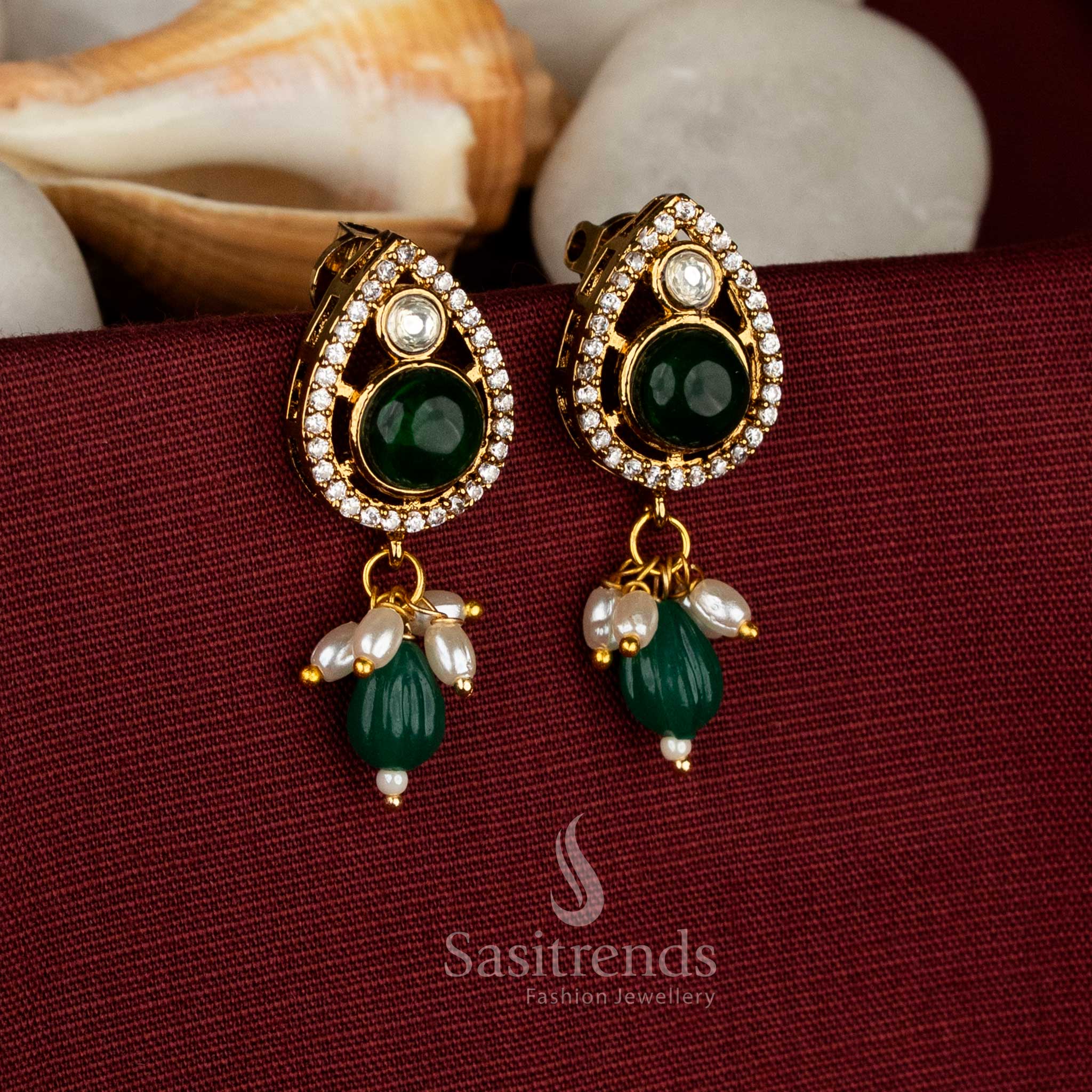 Charming Party wear Victorian plated green AD stone teardrop earrings with bead and pearl drop structure - Sasitrends