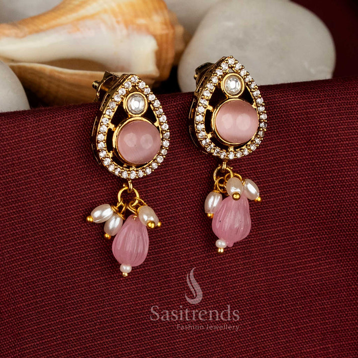 Fascinating Victorian Plated AD Stone Teardrop Earrings with Pearl & Bead Drop Structure | Party & Festive Wear