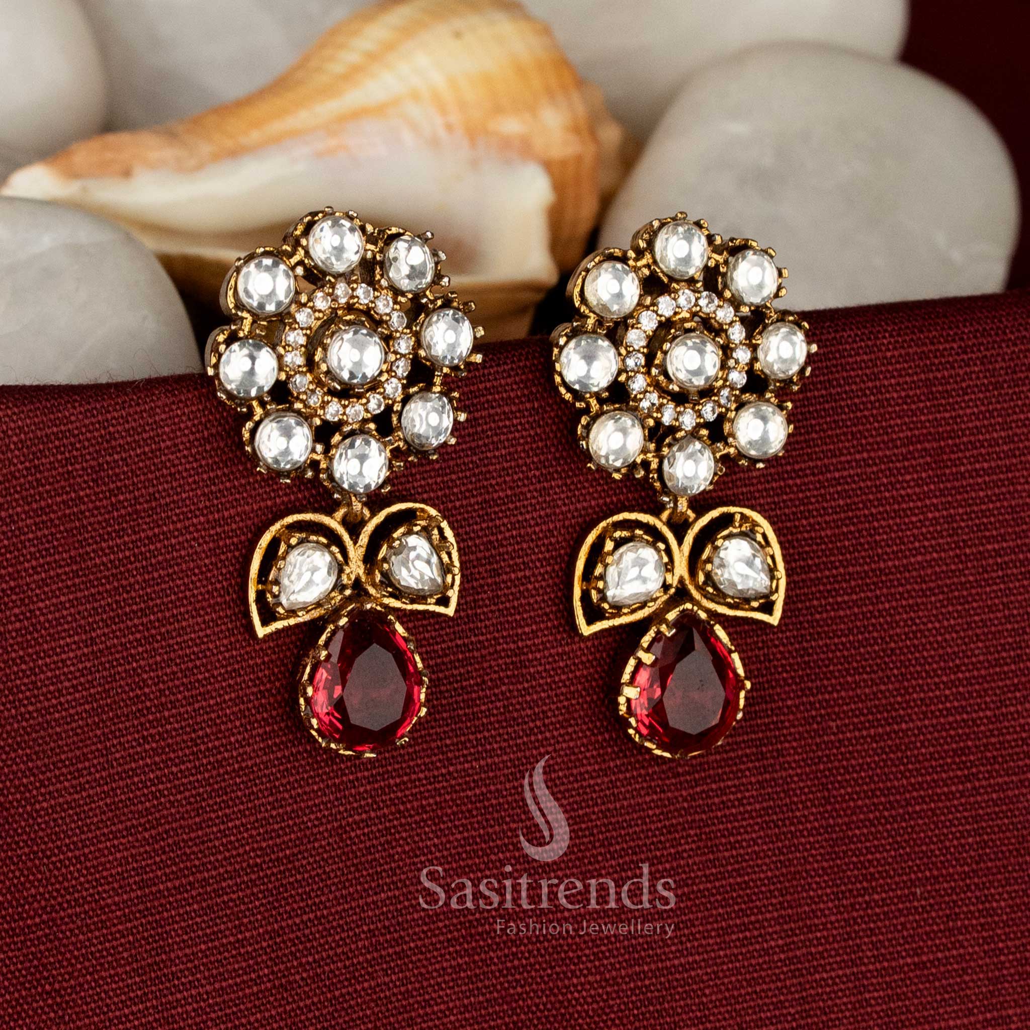 Victorian plated red AD stone floral stud earrings with leaf and drop structure - Sasitrends