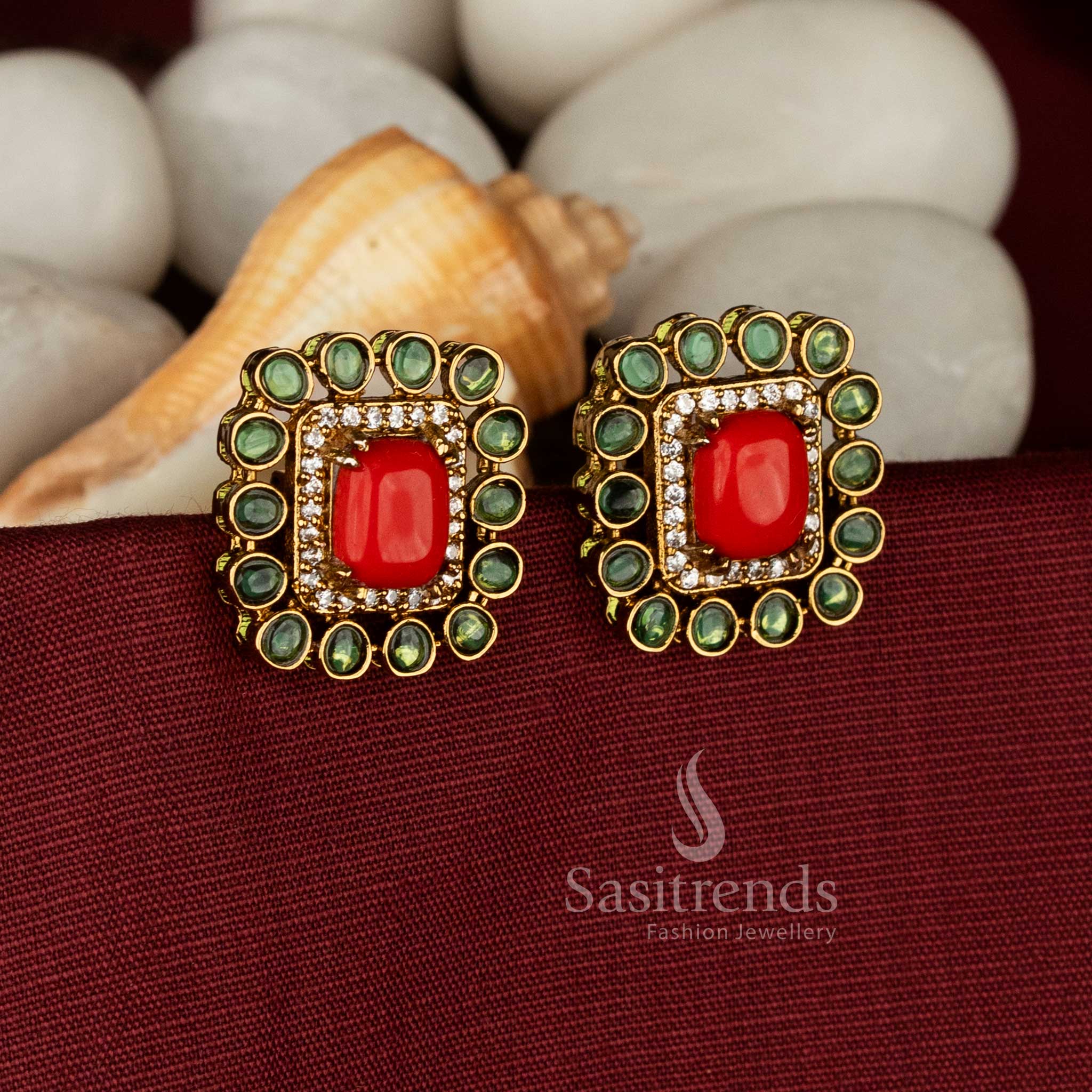  Sparkling AD stone stud earrings in Victorian squared design – Sasitrends