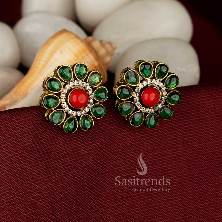 Victorian Charm – Pavalam Round Floral AD Stone Stud Earrings with Teardrop for Engagements, Receptions & Festival Styling