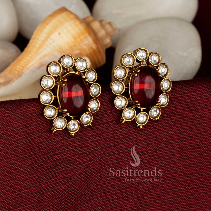 Victorian Plated Oval AD Stone Stud Earrings for Evening Festive Wear