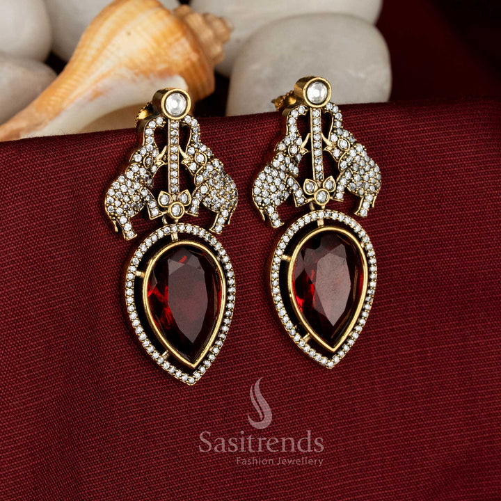 Party wear Victorian Plated red AD-studded earrings featuring artistic elephant detailing - Sasitrends