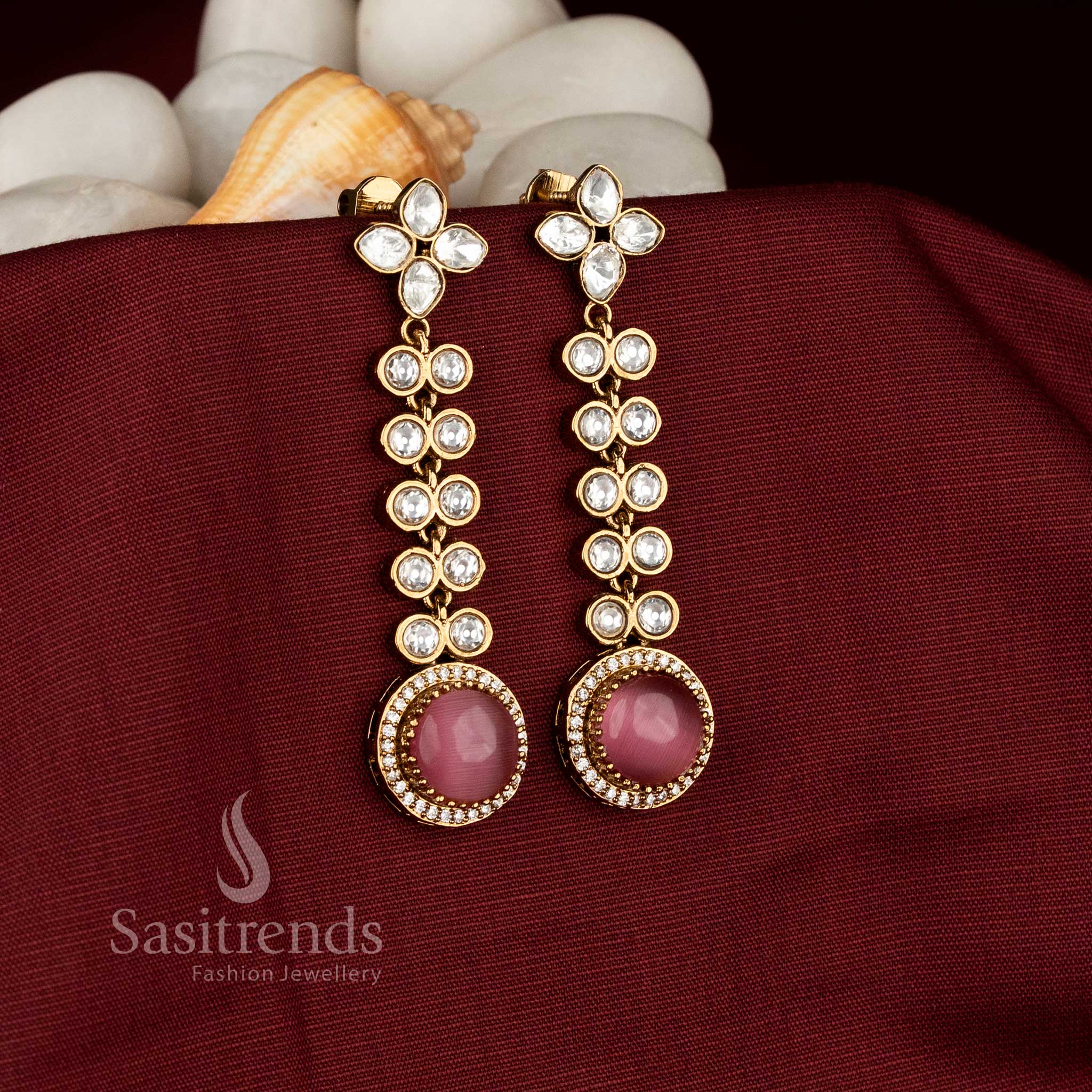 Gorgeous Victorian plated long drop earrings with floral stud and pink AD stones , festive party wear - Sasitrends