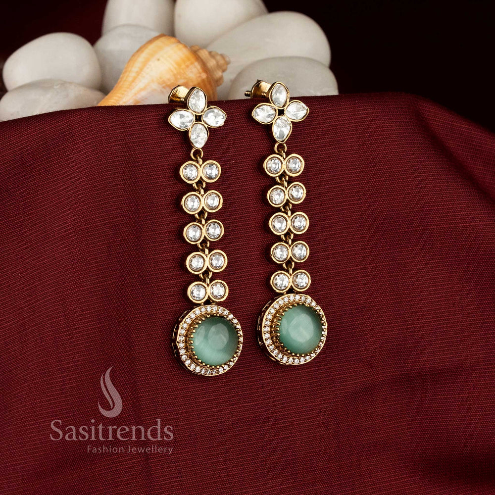 Victorian plated long drop earrings with floral stud and mint AD stones , festive party wear - Sasitrends