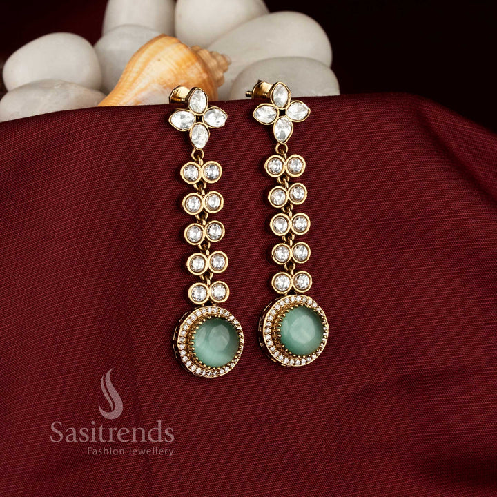 Victorian plated long drop earrings with floral stud and mint AD stones , festive party wear - Sasitrends