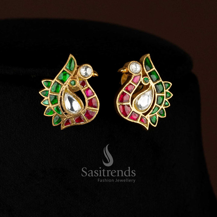 Premium Traditional 24K Jadau Gold Plated Peacock Motif Stone Stud Earrings for Temple & Festive Wear