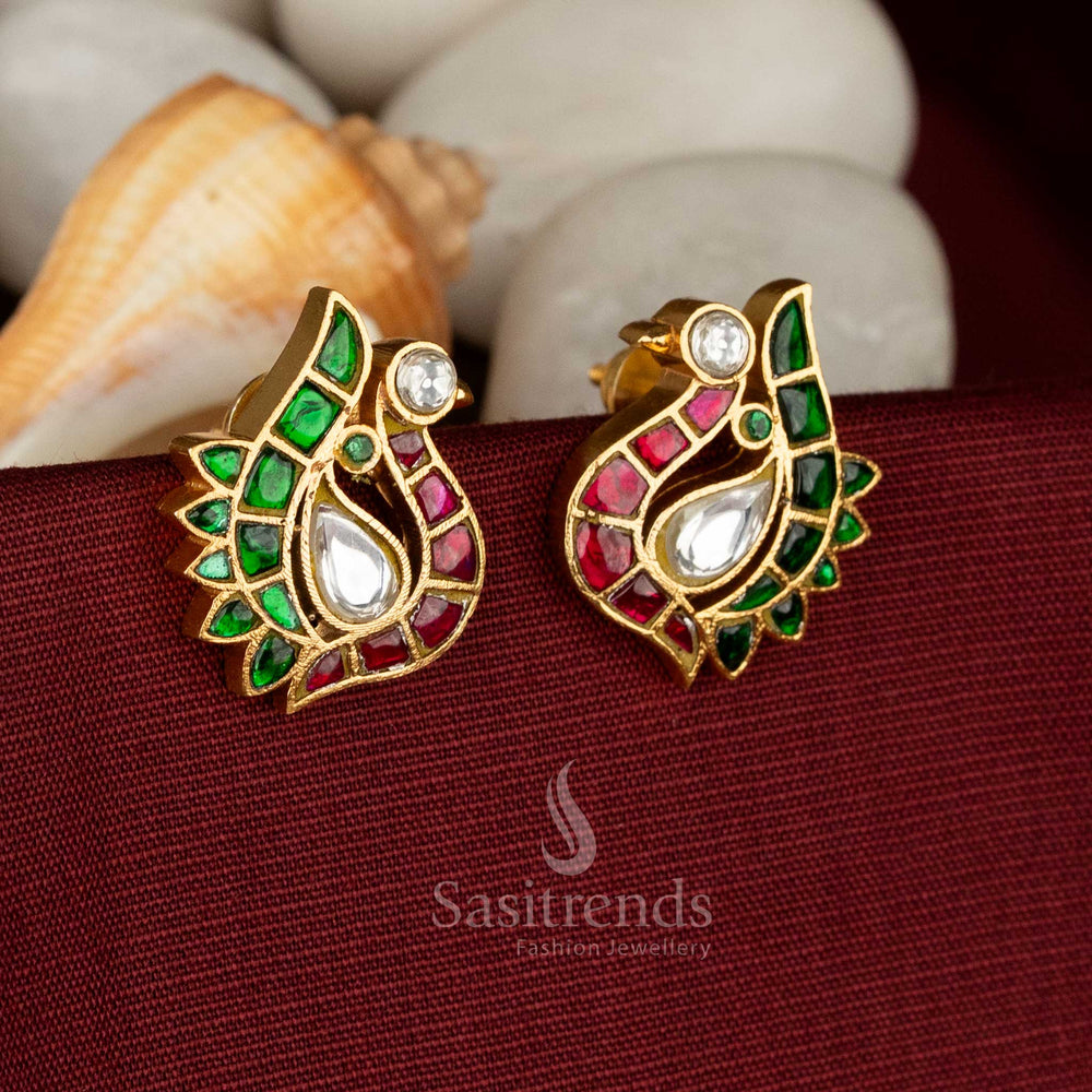 traditional temple wear 24k jadau gold plated multi stone peacock motif stud earrings - Sasitrends