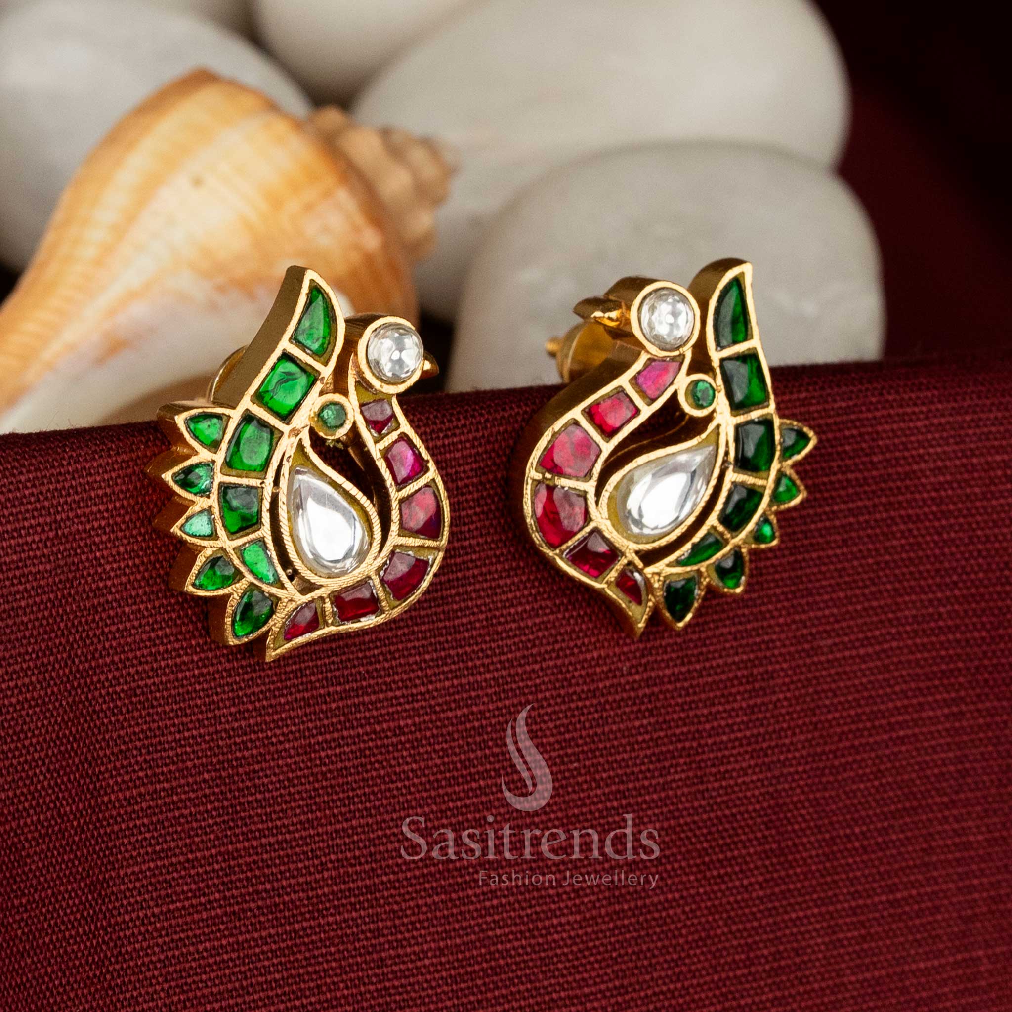traditional temple wear 24k jadau gold plated multi stone peacock motif stud earrings - Sasitrends