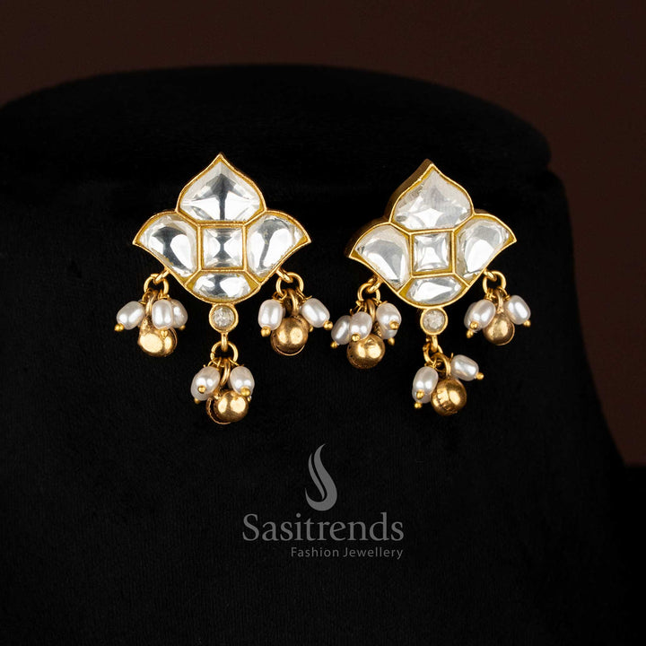 Traditional festive wear 24k jadau gold plated lotus motif white stone stud earrings with hanging pearls and golden balls - Sasitrends