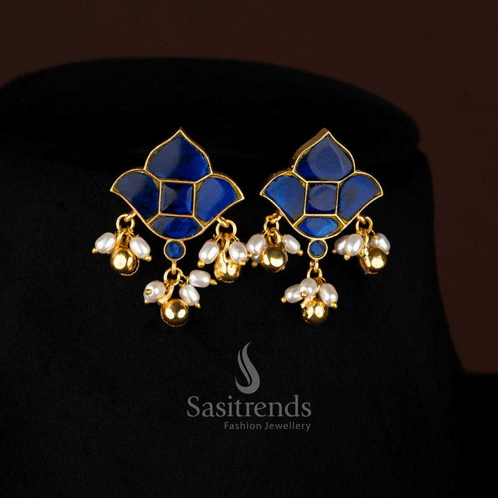 Temple festive wear 24k jadau gold plated lotus motif blue stone stud earrings with hanging pearls and golden balls - Sasitrends