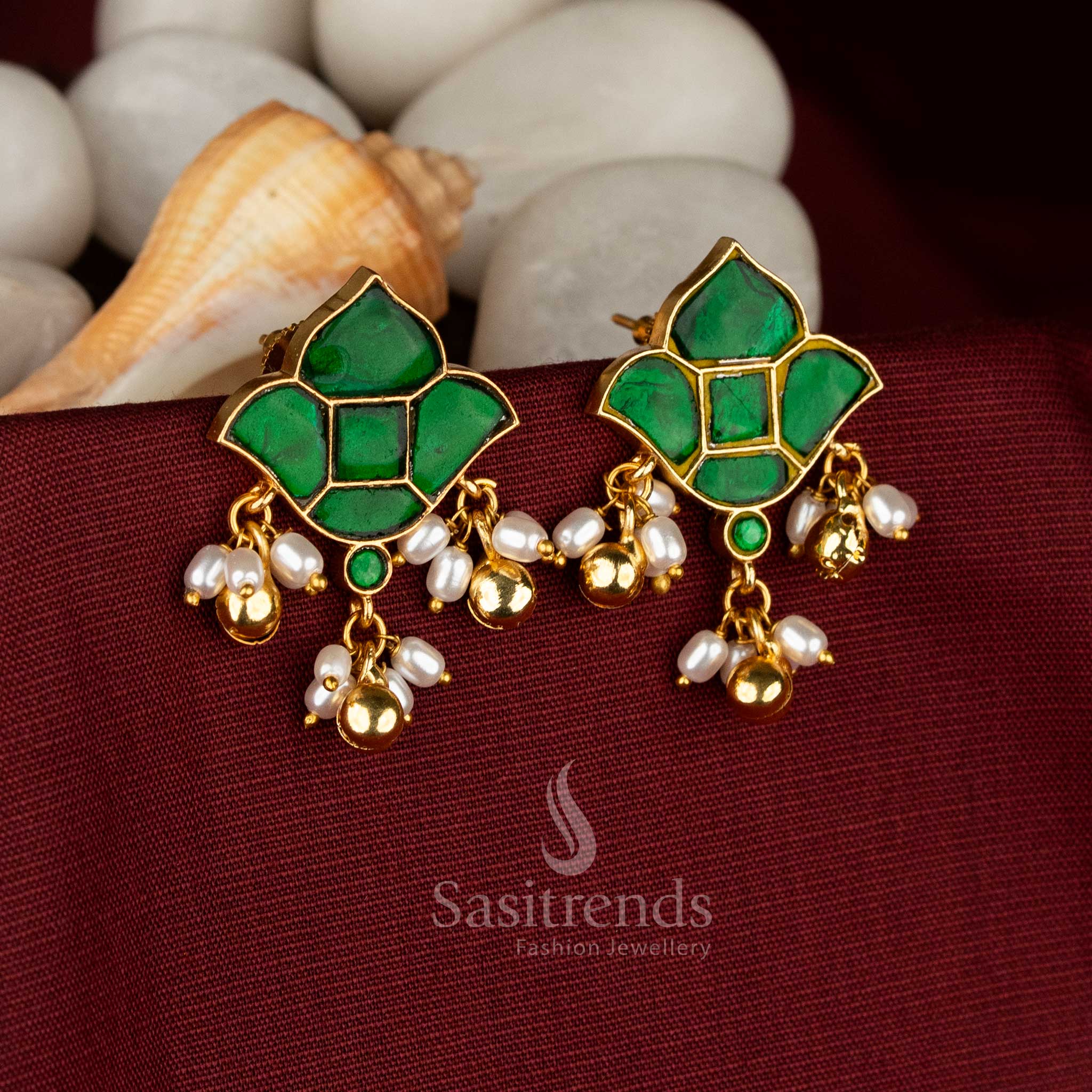 Traditional festive wear 24k jadau gold plated lotus motif white stone stud earrings with hanging pearls and golden balls - Sasitrends