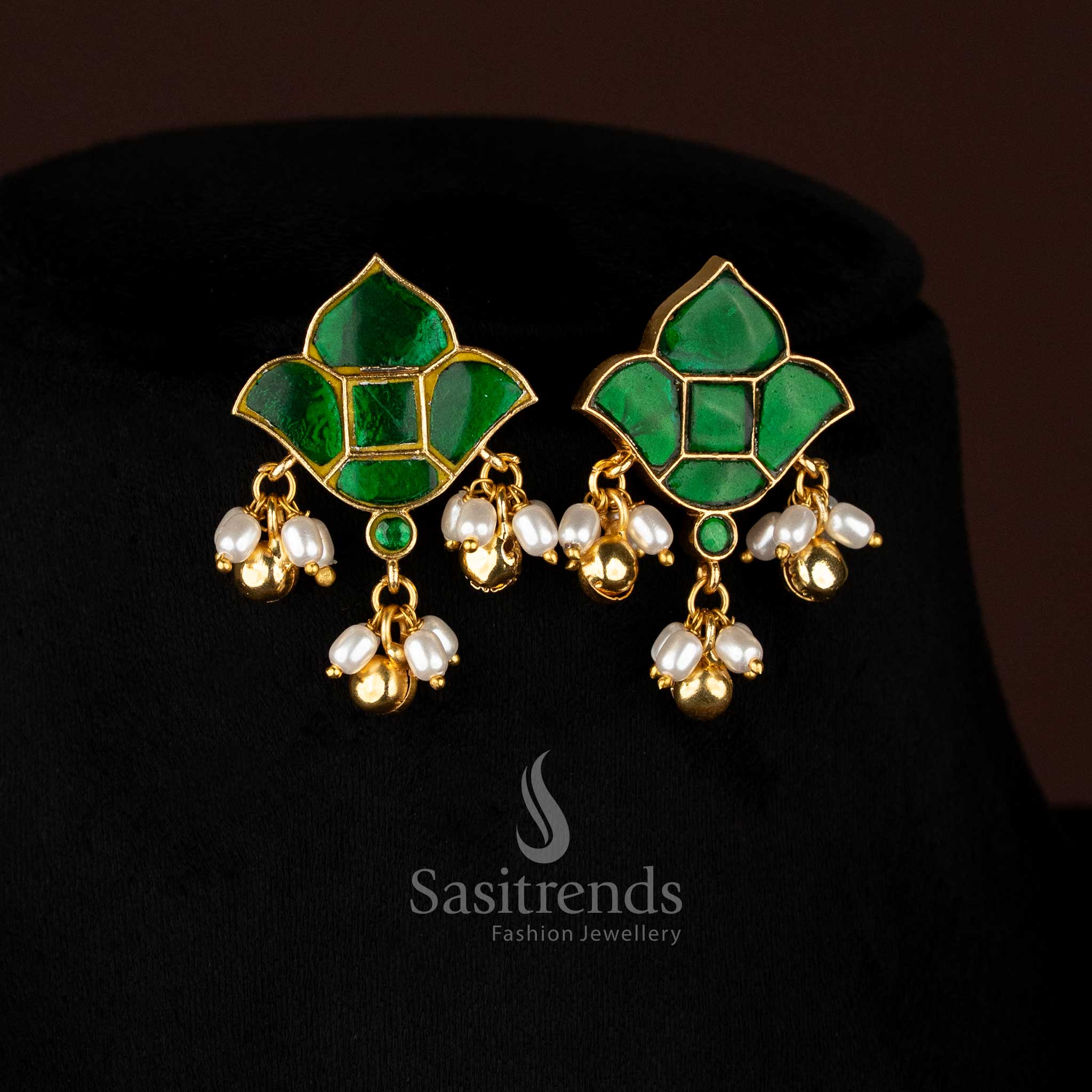 Traditional temple wear 24k jadau gold plated lotus motif green stone stud earrings with hanging pearls and golden balls - Sasitrends