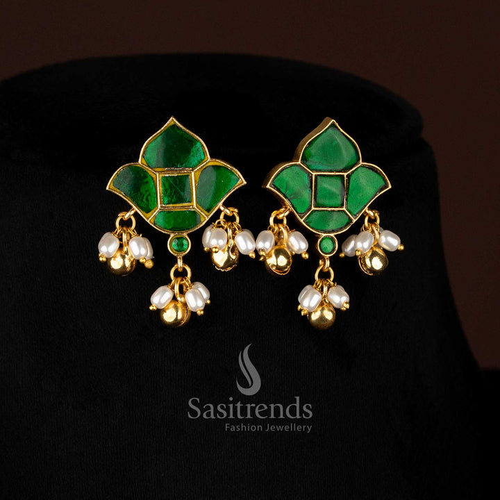 Traditional temple wear 24k jadau gold plated lotus motif green stone stud earrings with hanging pearls and golden balls - Sasitrends