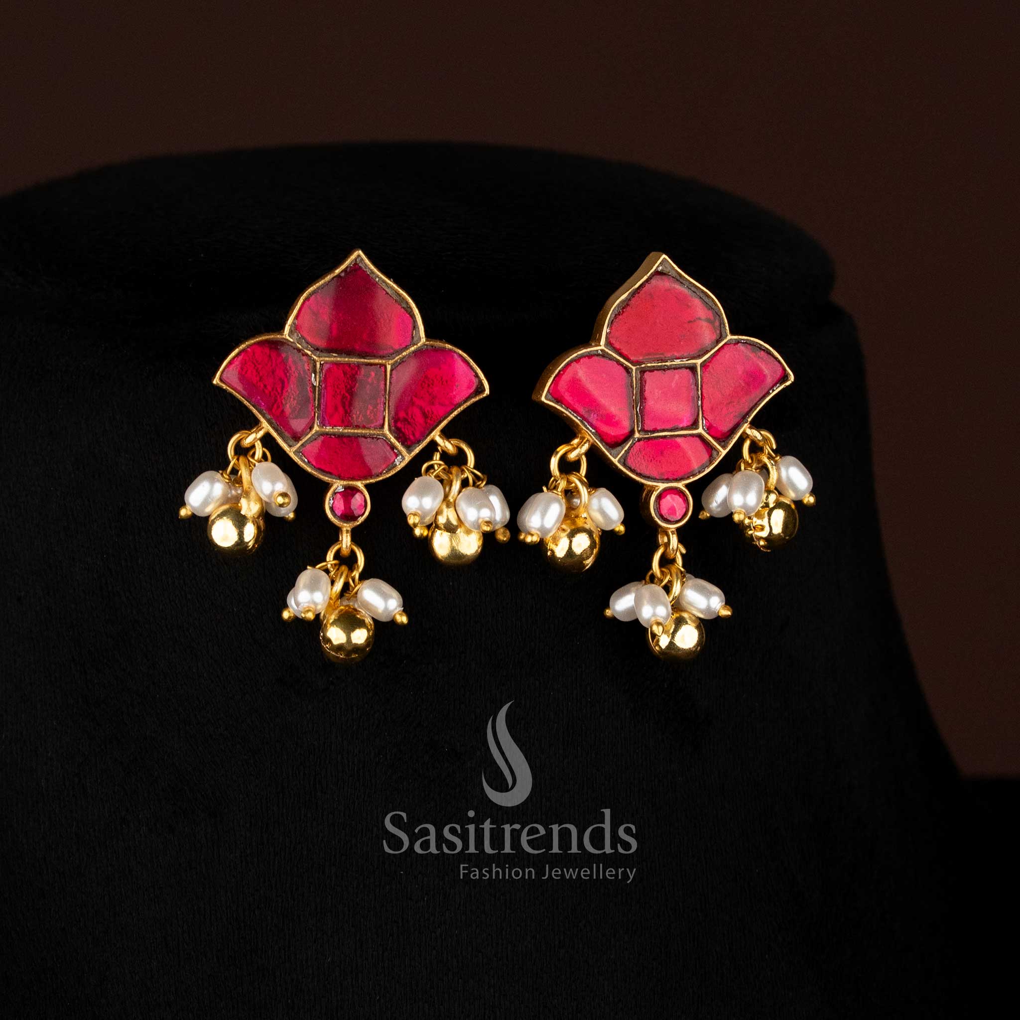 Stunning Casual wear 24k jadau gold plated lotus motif ruby stone stud earrings with hanging pearls and golden balls - Sasitrends