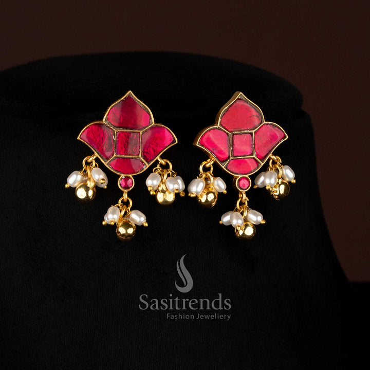 Stunning Casual wear 24k jadau gold plated lotus motif ruby stone stud earrings with hanging pearls and golden balls - Sasitrends