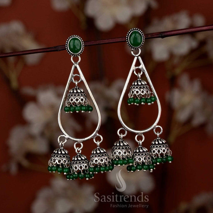 Oxidised silver teardrop stone mini jhumkas for saree ensembles and family gatherings – Sasitrends