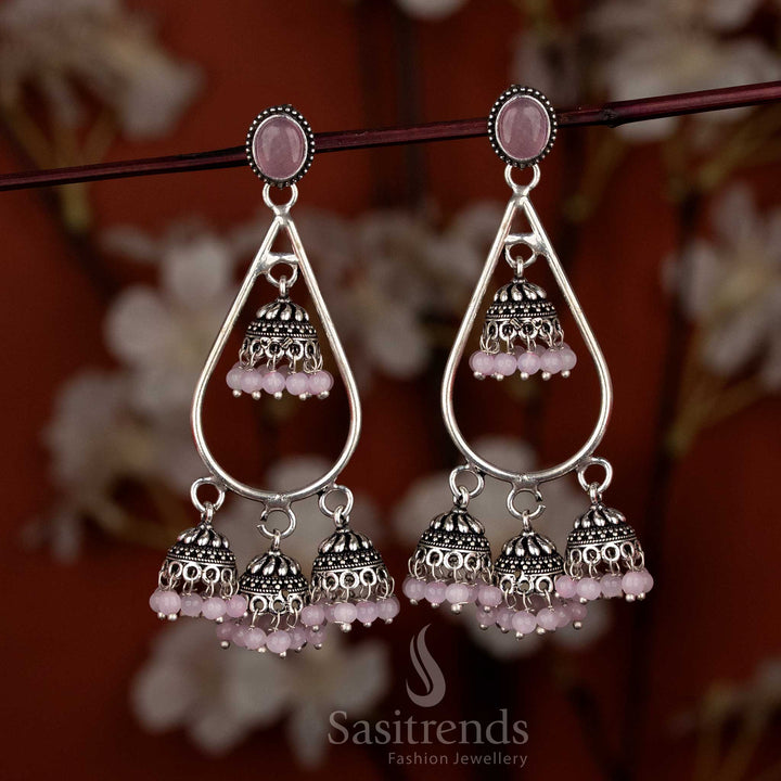 Oxidised silver teardrop stone mini jhumkas for saree ensembles and family gatherings – Sasitrends