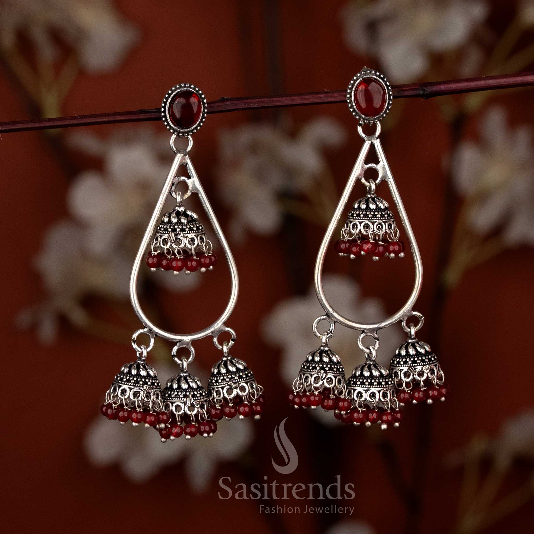 Oxidised silver plated teardrop stone mini jhumka earrings for sarees & ethnic wear – Sasitrends
