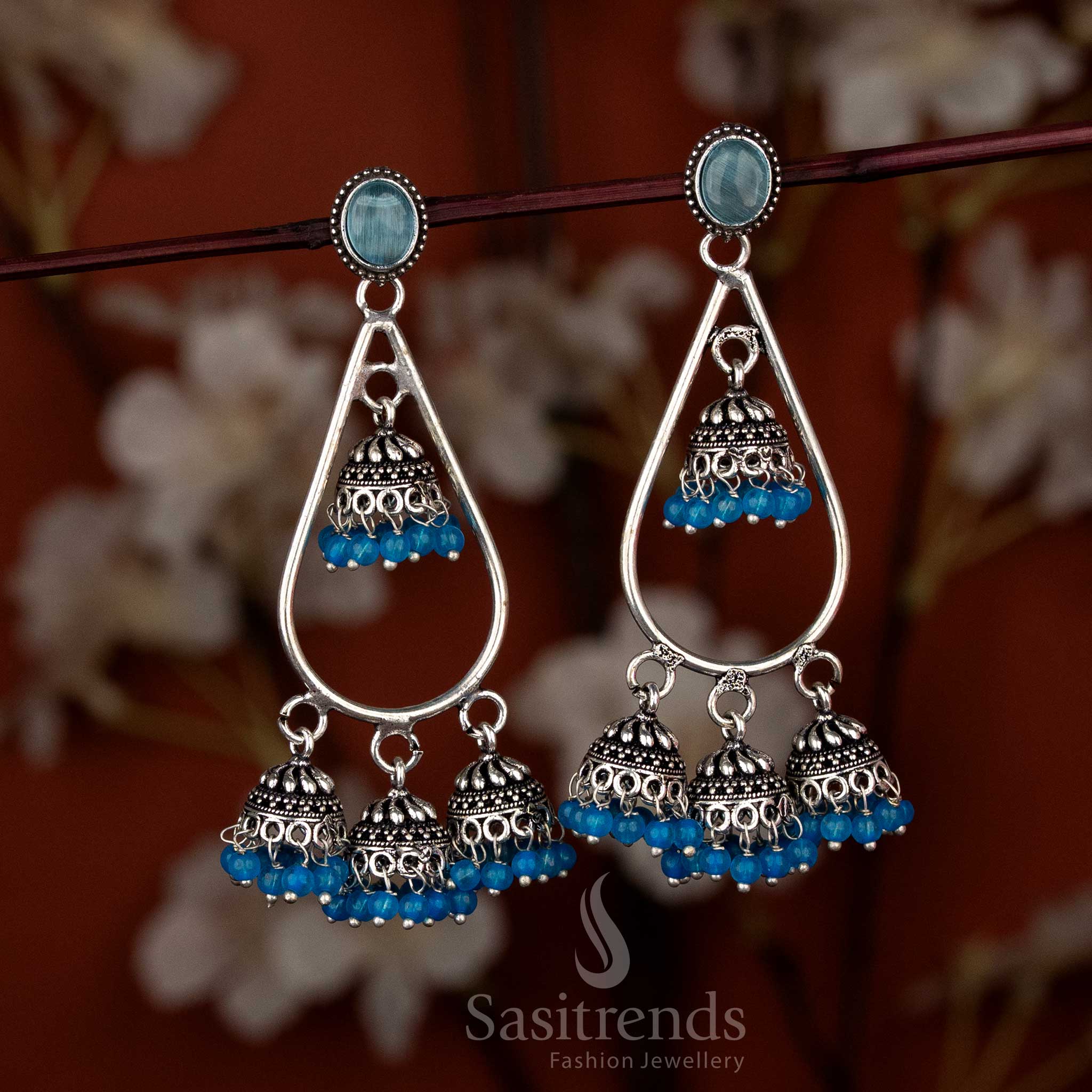 Oxidised silver plated teardrop stone mini jhumka earrings for sarees & ethnic wear – Sasitrends