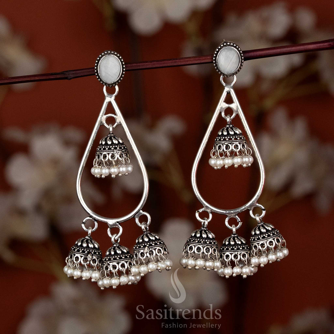 Oxidised silver plated teardrop stone mini jhumka earrings for sarees & ethnic wear – Sasitrends