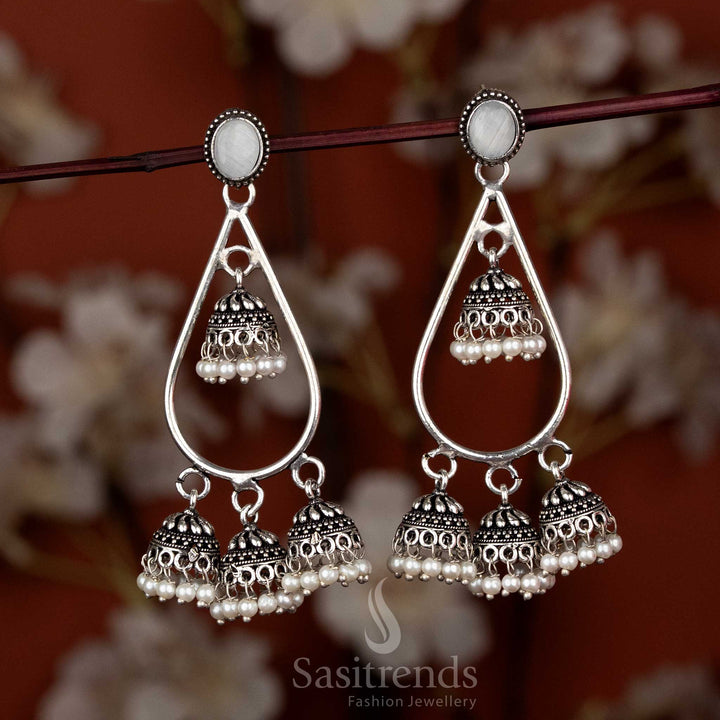 Oxidised Silver Plated Teardrop Stone Mini Jhumka Earrings for Sarees & Ethnic Wear
