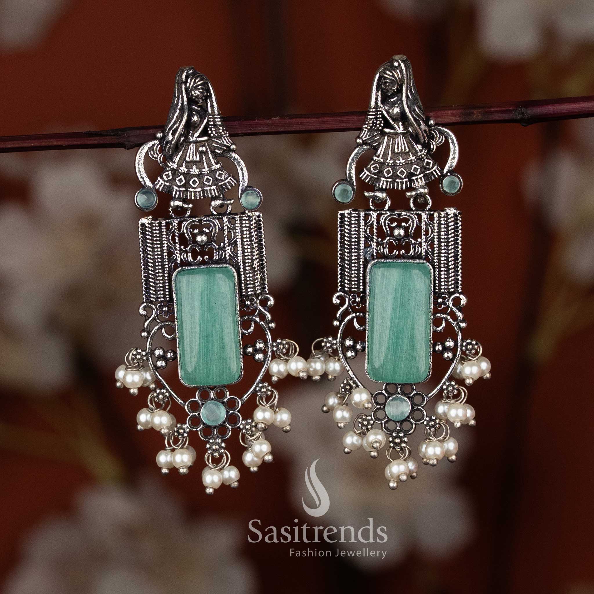 Sasitrends oxidised mint square stone earrings with dancing motif and pearl cluster, perfect for Navarathri looks