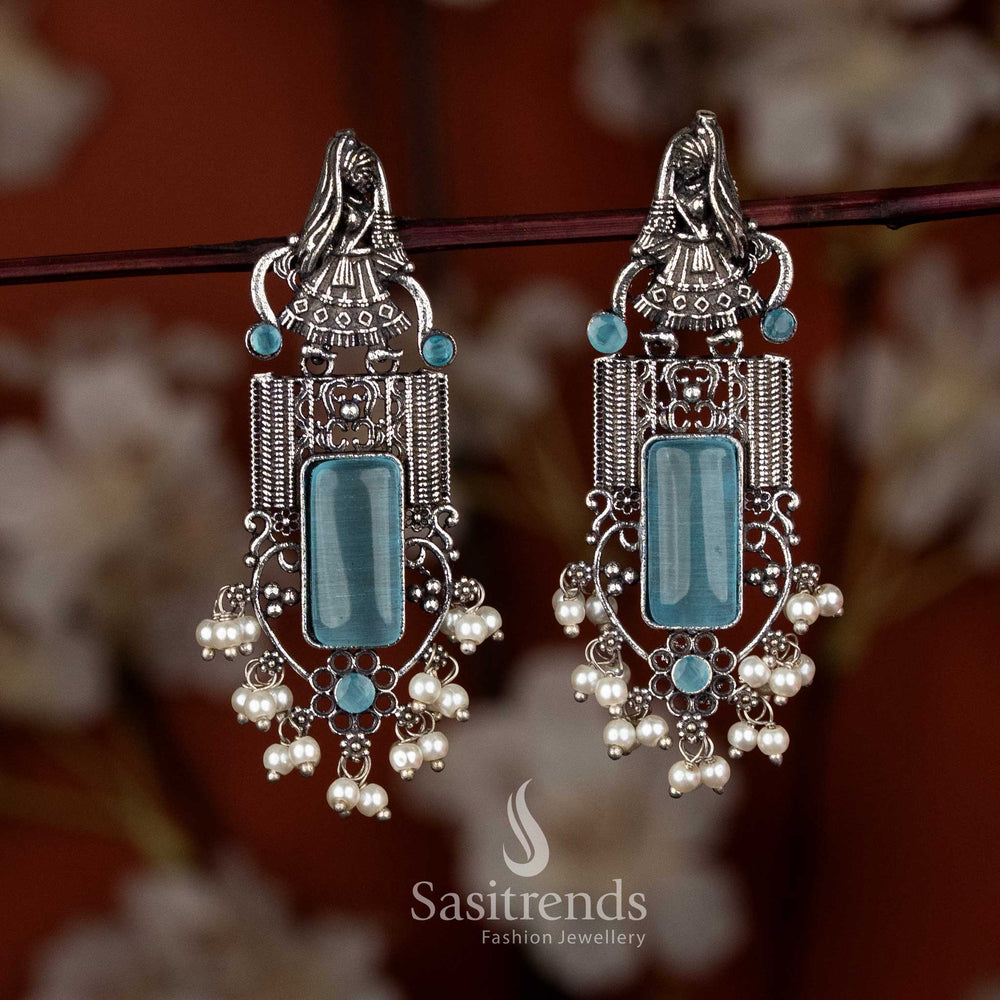 Sasitrends oxidised silver dancer design earrings with sky blue square stone and pearl hanging, ideal for office casual style