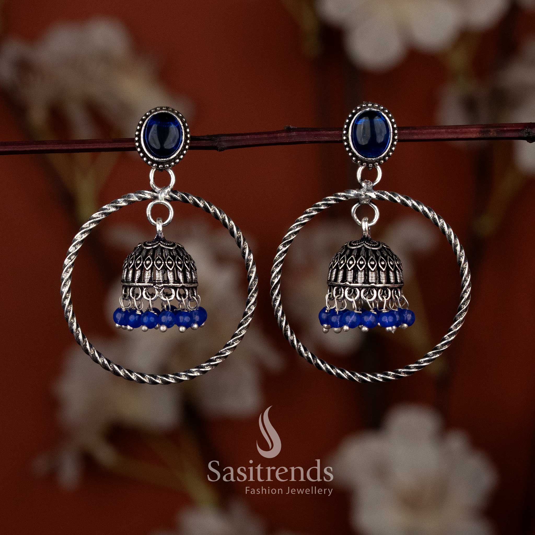 Oxidised silver plated twisted round hoop jhumka earrings for sarees & ethnic occasions – Sasitrends