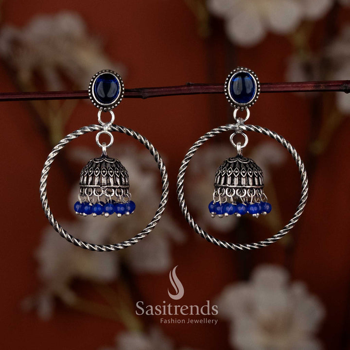 Oxidised silver plated twisted round hoop jhumka earrings for sarees & ethnic occasions – Sasitrends
