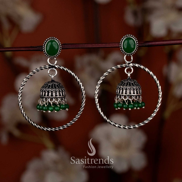 Oxidised Silver Plated Twisted Round Hoop Jhumka Earrings for Sarees & Ethnic Occasions