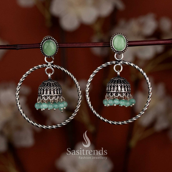 Oxidised silver plated twisted round hoop jhumka earrings for sarees & ethnic occasions – Sasitrends