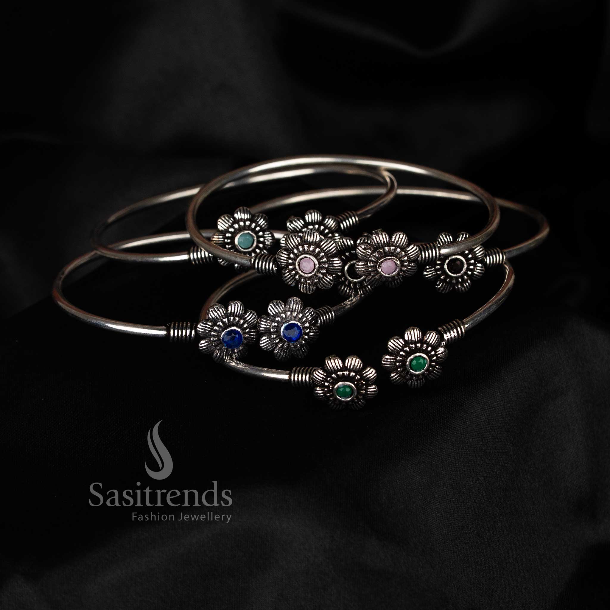 Sasitrends oxidised floral motif stone bracelet premium look