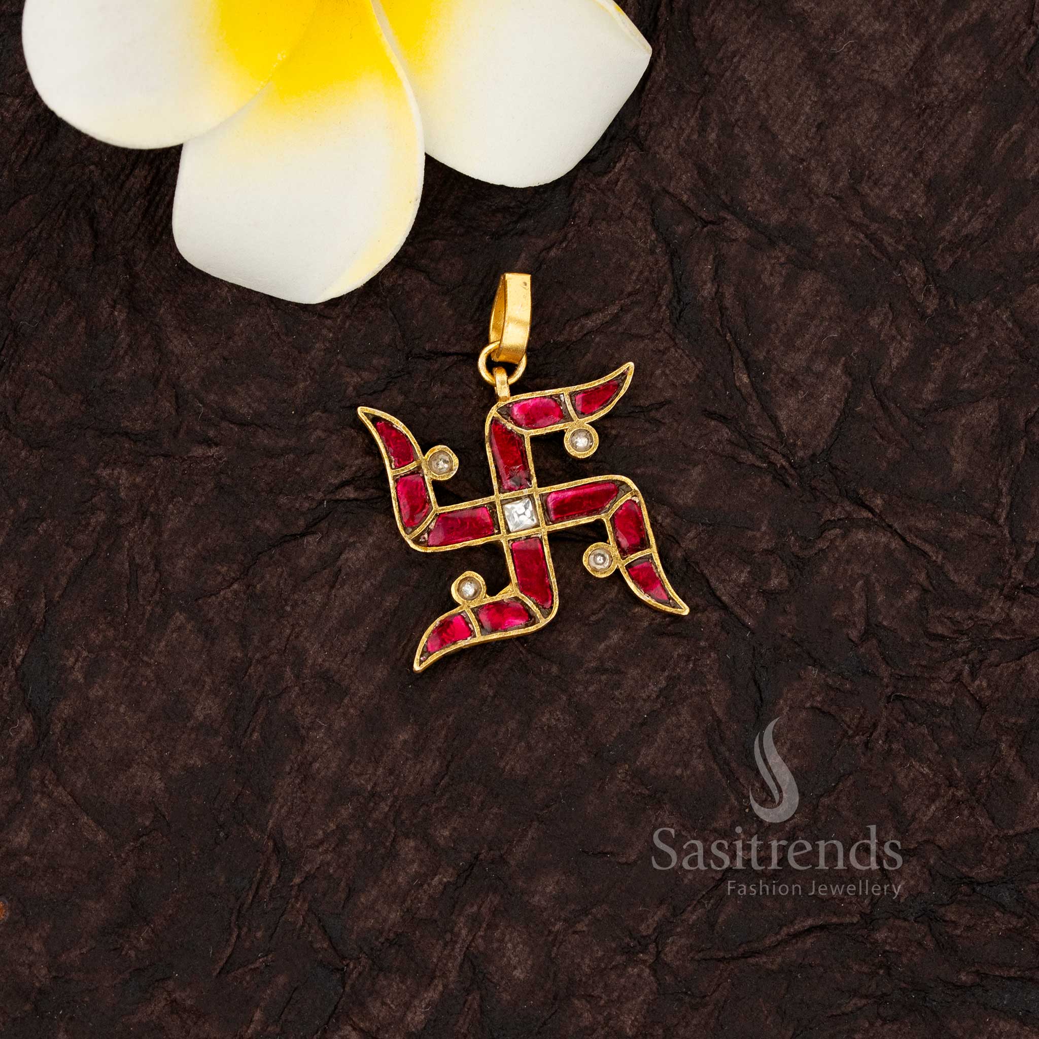 White Ruby 24k jadau gold plated kundan swastik pendant traditional design - Sasitrends 