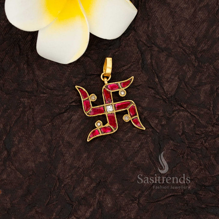 White Ruby 24k jadau gold plated kundan swastik pendant traditional design - Sasitrends 