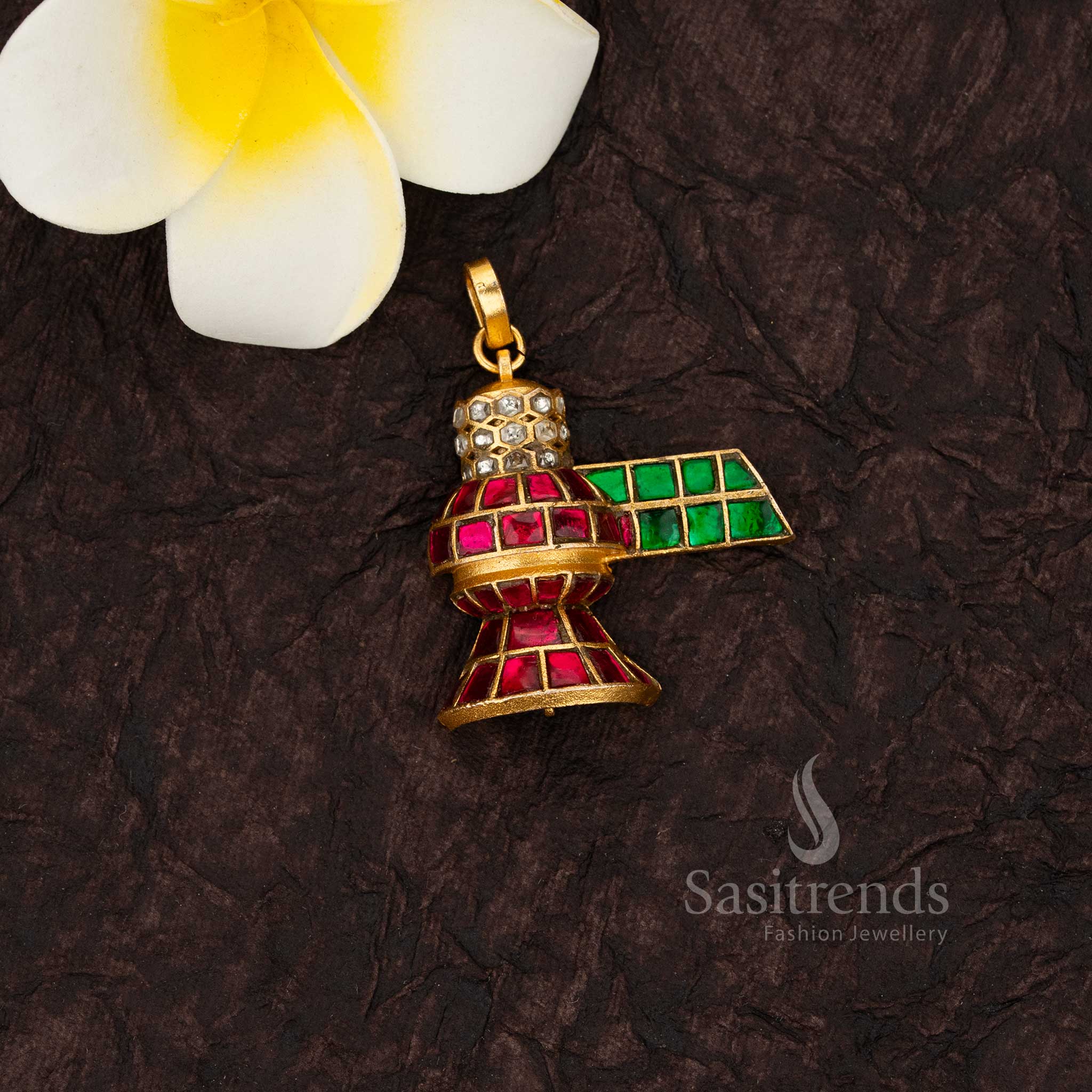 24k jadau gold plated kundan damru pendant with Multi stones - Sasitrends 