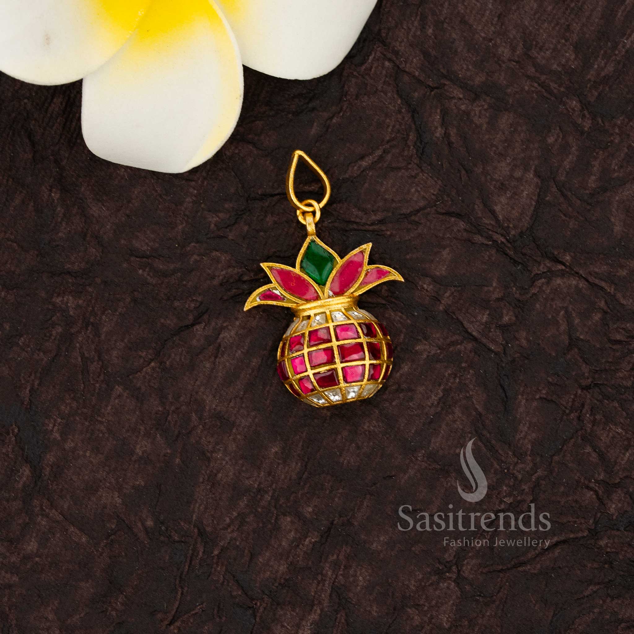 24k jadau gold plated kundan kalash pendant with ruby and white kundan stones - Sasitrends