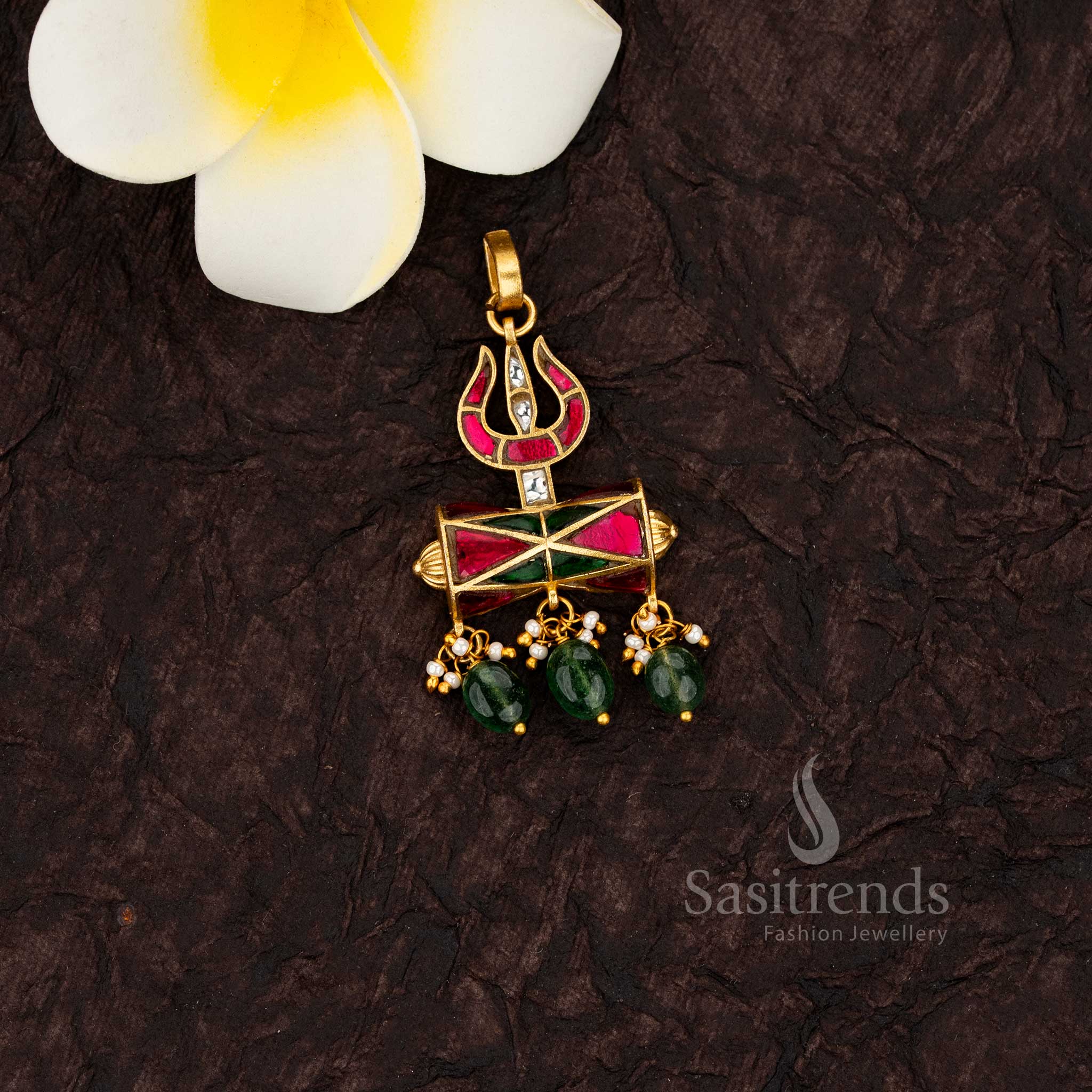 24k jadau gold plated kundan trishula and damru multi-color pendant with and pearl drops 