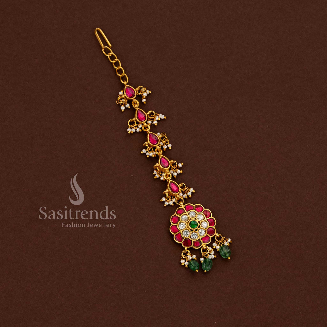 Sasitrends Jadau gold plated Kundan flora teardrop stone maang tikka for bridal wedding wear