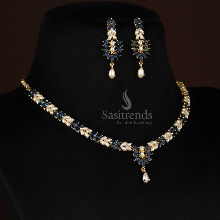 Micro gold plated American diamond leaf necklace set for stylish gatherings