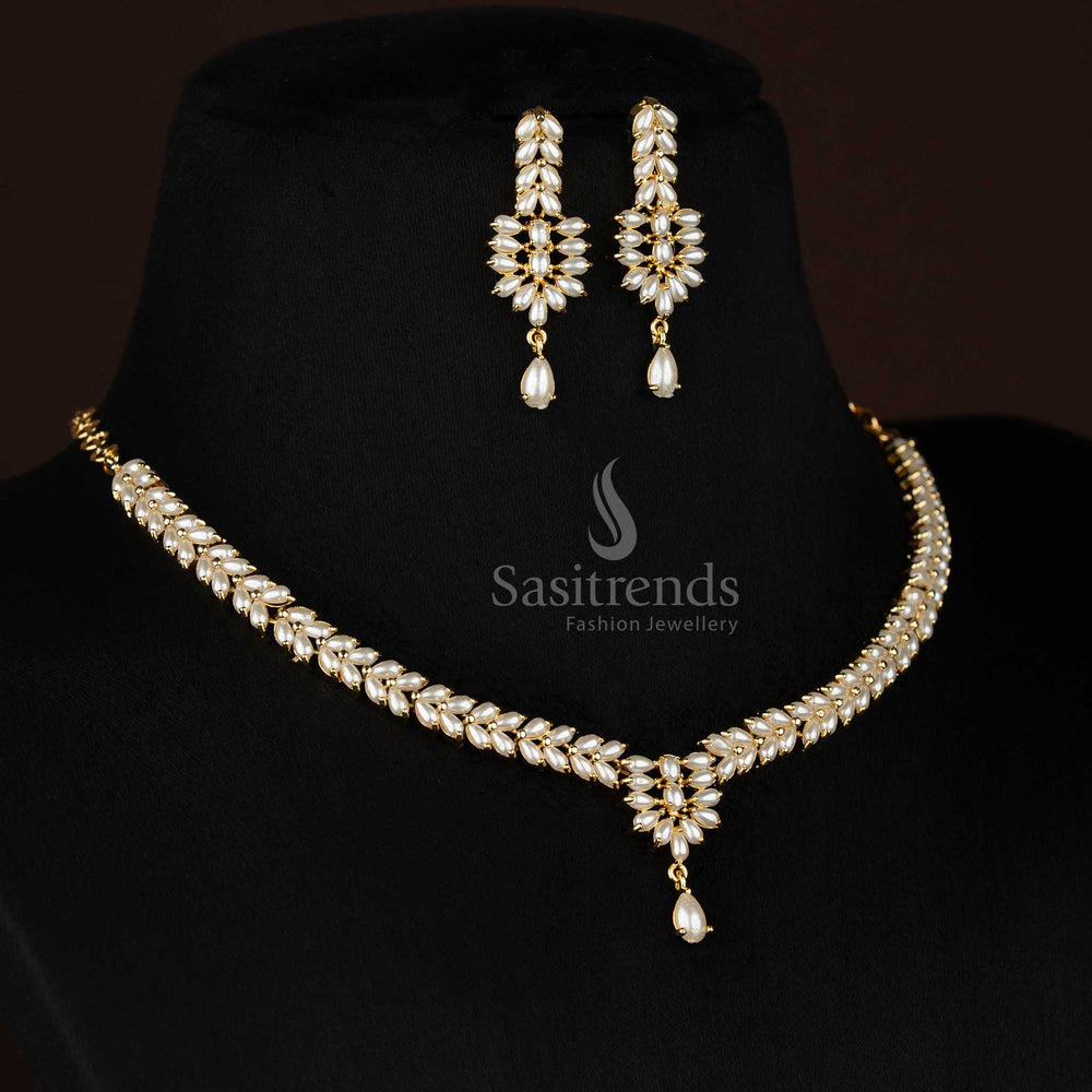 Micro gold plated American diamond leaf necklace set for stylish gatherings