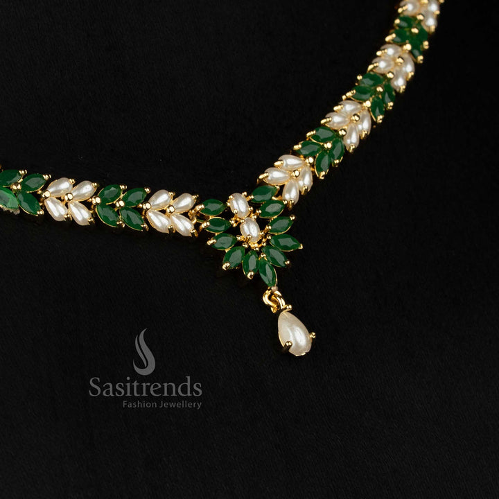 Charming American diamond micro gold plated leaf pattern necklace set for social evenings