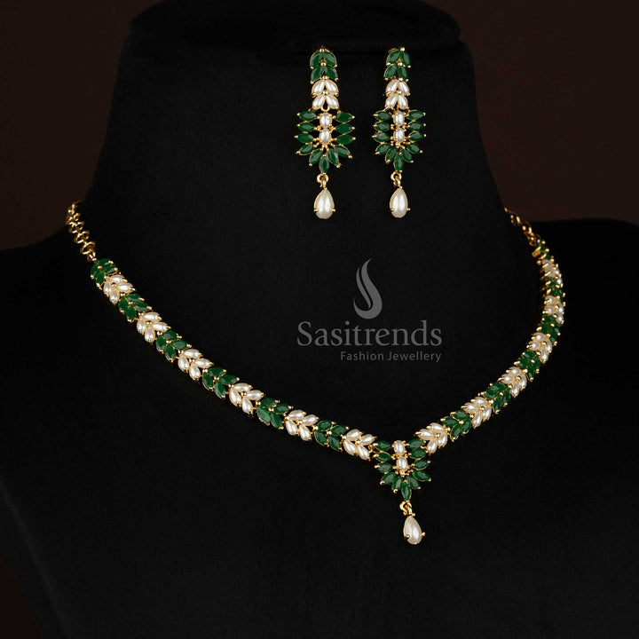 Charming 24k Micro Gold Plated Leaf Pattern Necklace American Diamond Jewellery Sets for Social Evenings & Party Gatherings