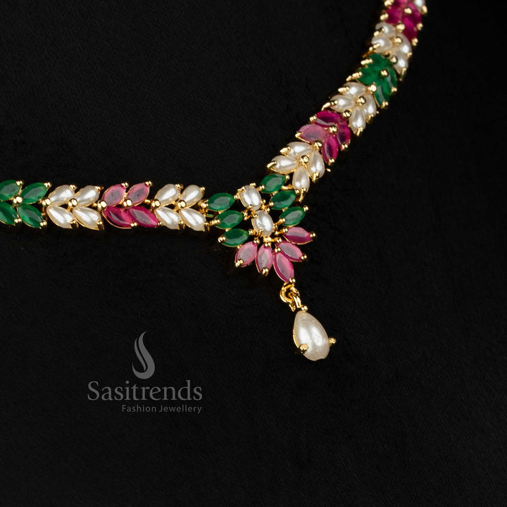 Charming American diamond micro gold plated leaf pattern necklace set for social evenings