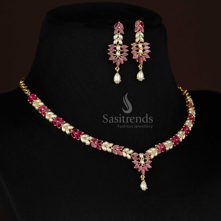 Charming American diamond micro gold plated leaf pattern necklace set for social evenings