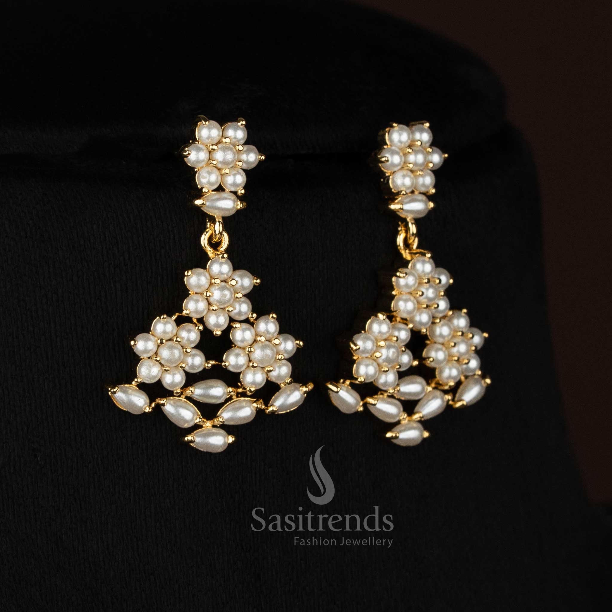 Blossure American diamond 24K micro gold plated floral leaf pearl necklace set